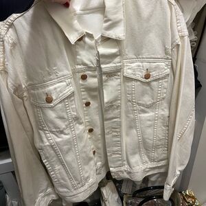 Free People Cream Oversize Distressed Denim Jean Jacket